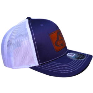 BassAr Navy Blue/White Brown Leather Patch Mesh Trucker Cap